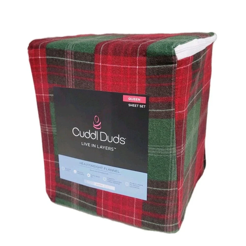 Cuddl Duds Heavyweight Cotton Flannel QUEEN Sheet Set Deep Fit Holiday Plaid